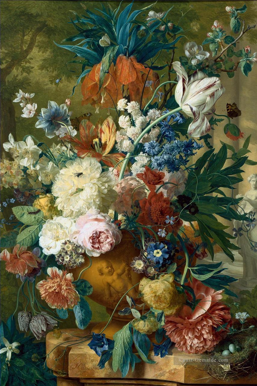 Blumen in einer Vase mit Crown Imperial und Apfelblüte an der Spitze und eine Statue Jan van Huysum klassischen Blumen Ölgemälde